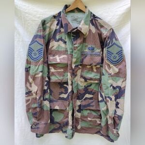 US Air Force Woodland Camo BDU Combat Coat Large Long E-7 Manpower Personnel VTG